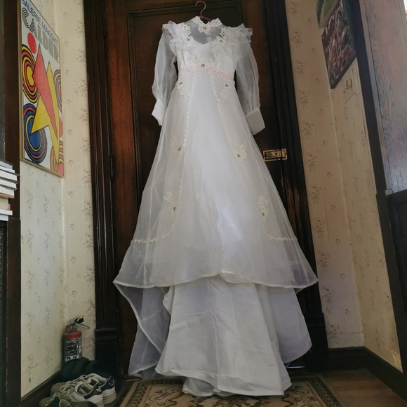 Vintage 60s Wedding Dress Long Veil Train Ruffles Floral Lace Barbie Pink 1960 - Picture 5 of 16